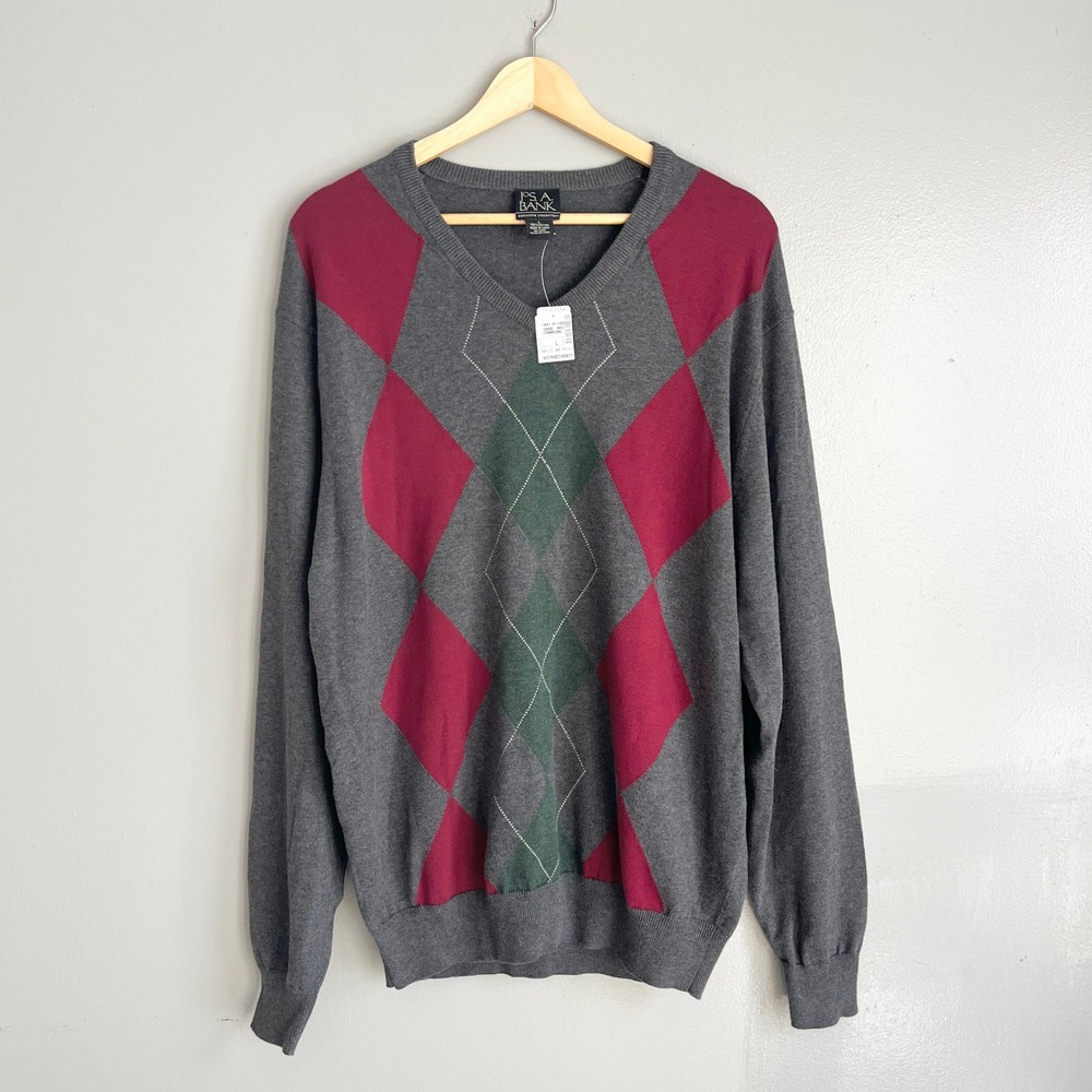 Jos. A. Bank Sweater Mens Large Gray Argyle V-Neck Cotton Preppy Classic NWT
